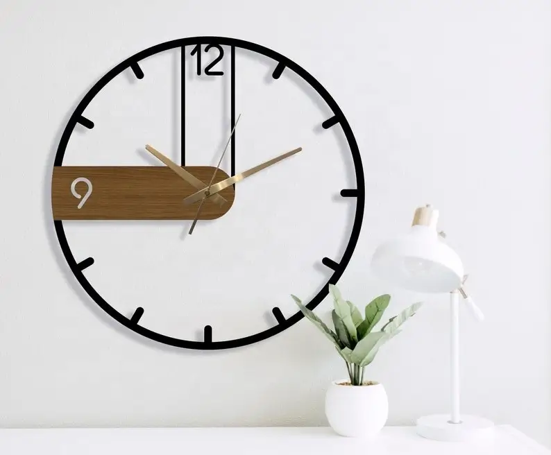A modern wooden wall clock with a minimalist design.
