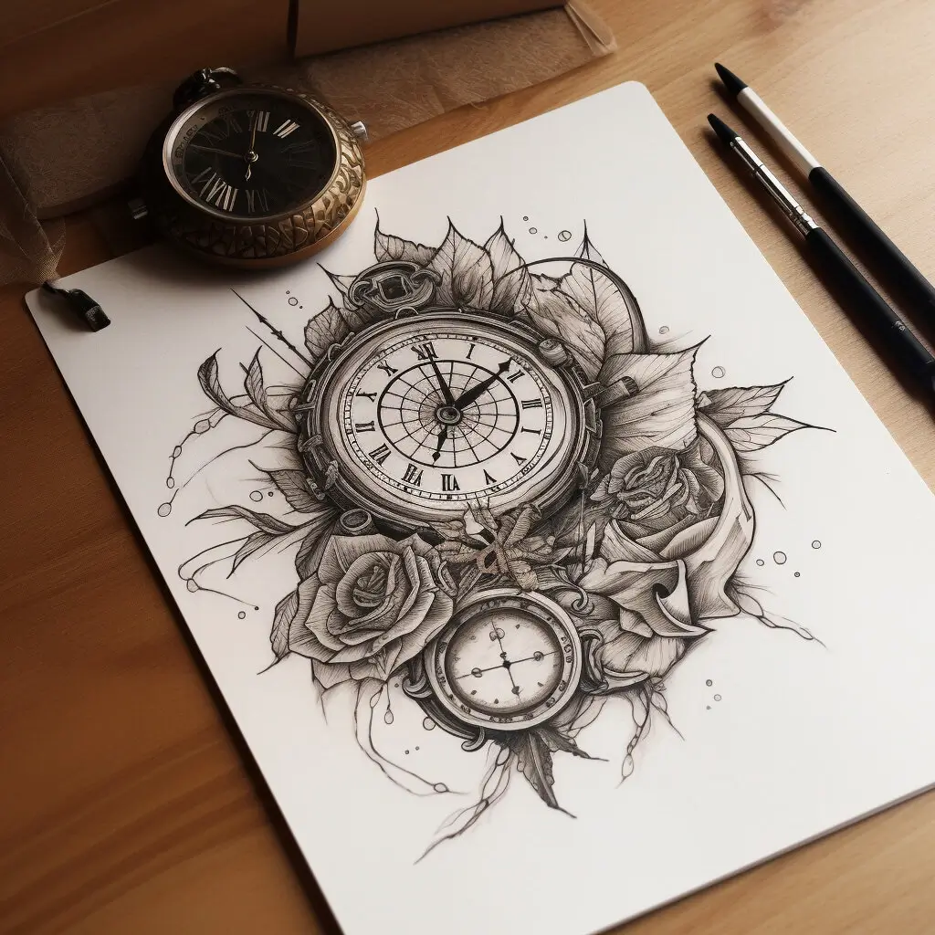 A clock design sketch on a notepad.